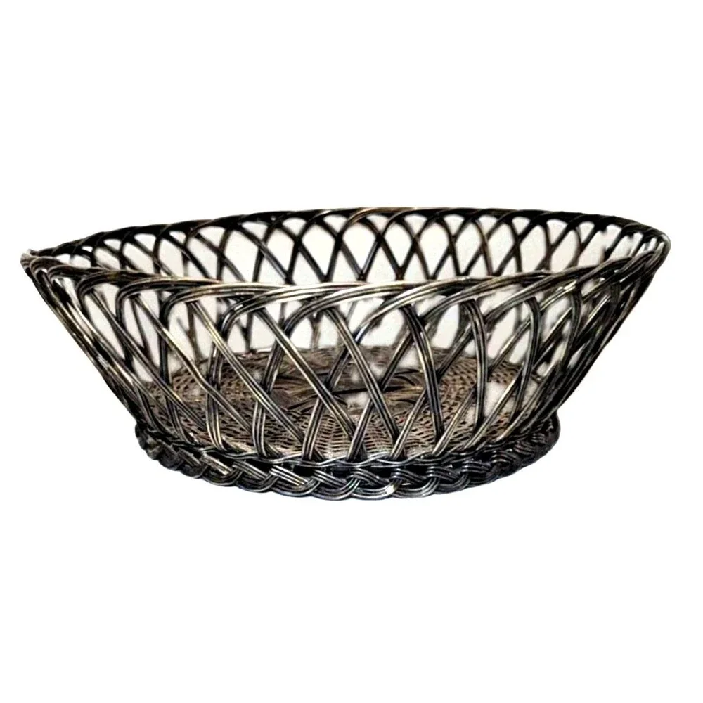 Vintage Metal Wire Basket Round Woven Bread Fruit Silver Color 10 x 3-in Kitchen